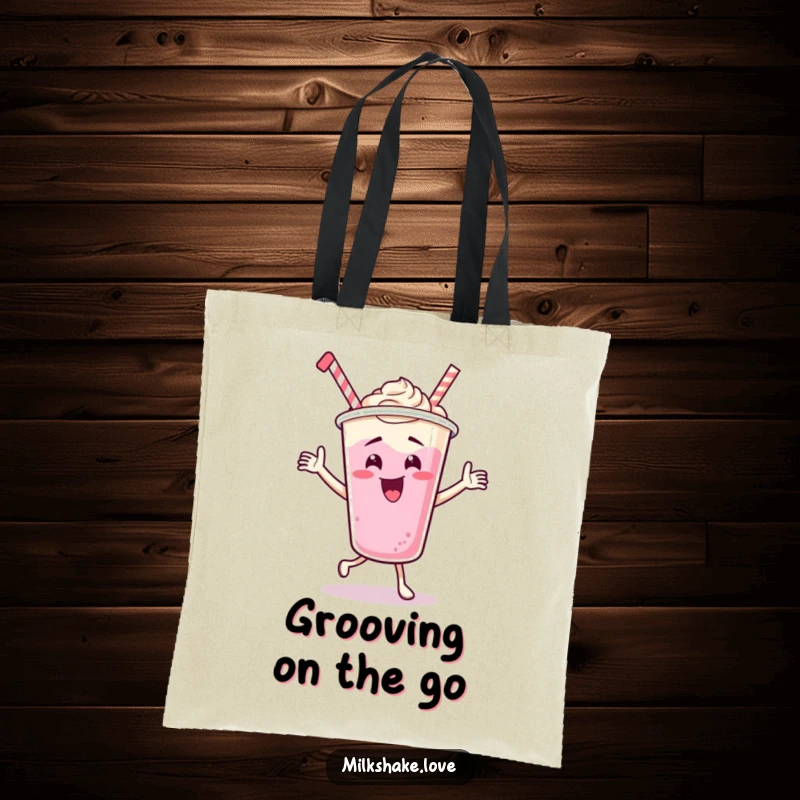 Funny Dancing Milkshake Cup Tote Bag, a cartoon character in an energetic dance, ideal for carrying items with style and a dose of humor.