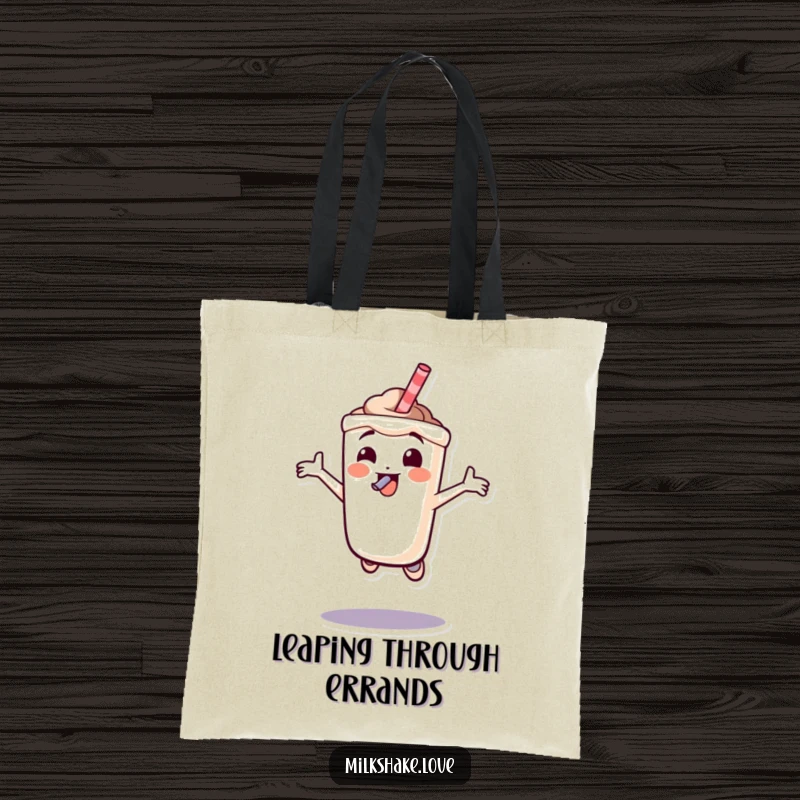 Funny milkshake character joyfully jumping with a straw in its mouth, a dynamic and functional tote bag design.