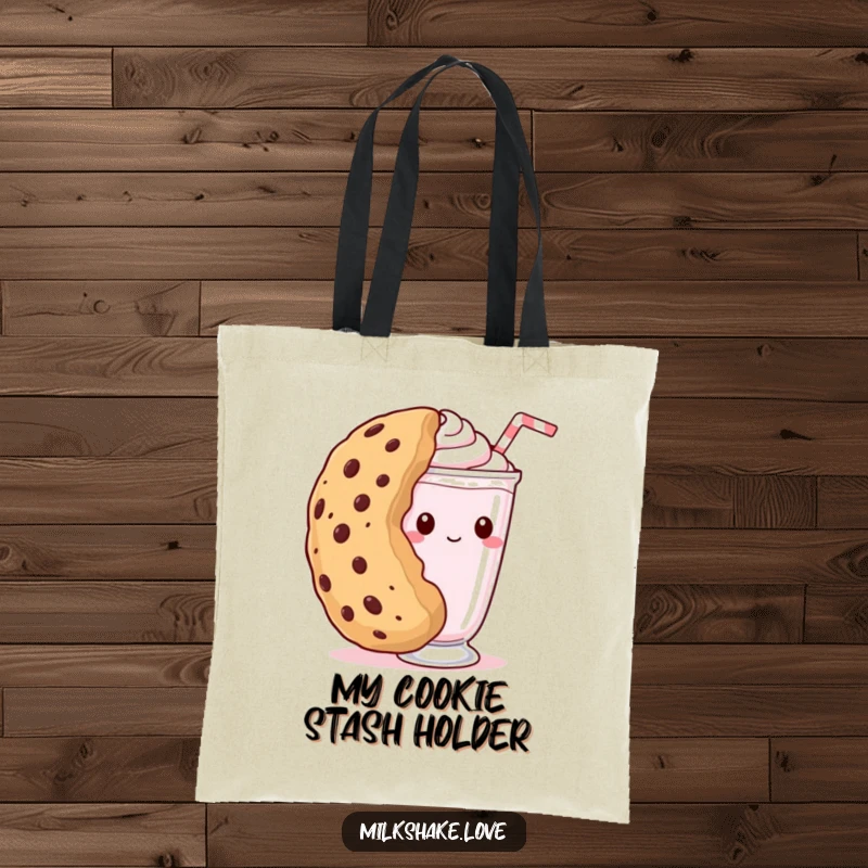 Funny kawaii milkshake tote bag with a shy milkshake peeking from behind a giant cookie, a cute and practical accessory.