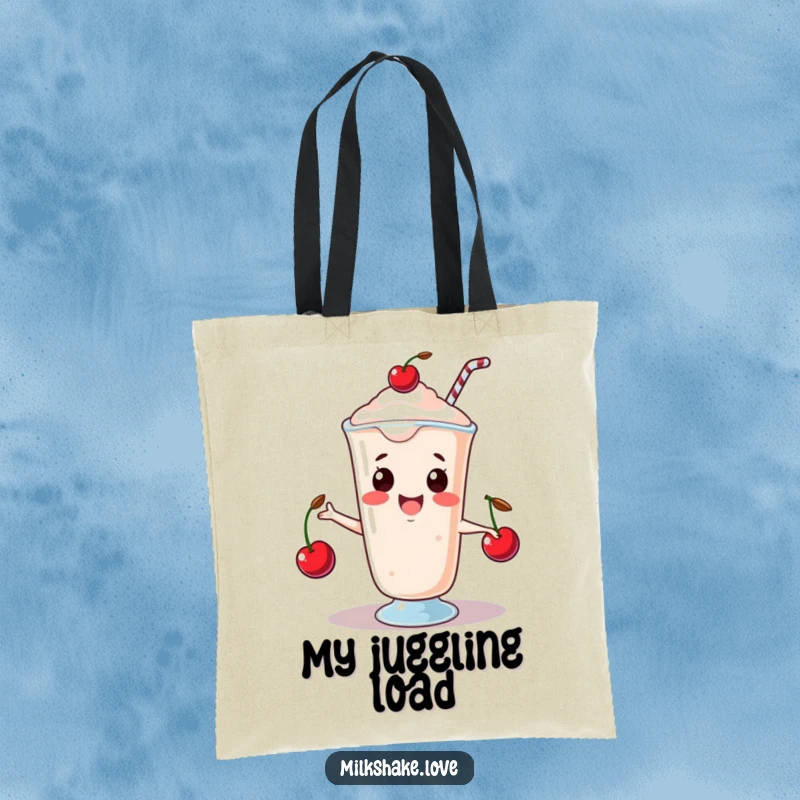 Funny Tote Bag with a happy kawaii milkshake juggling three tiny cherries, symbolizing skillful and cheerful entertainment.