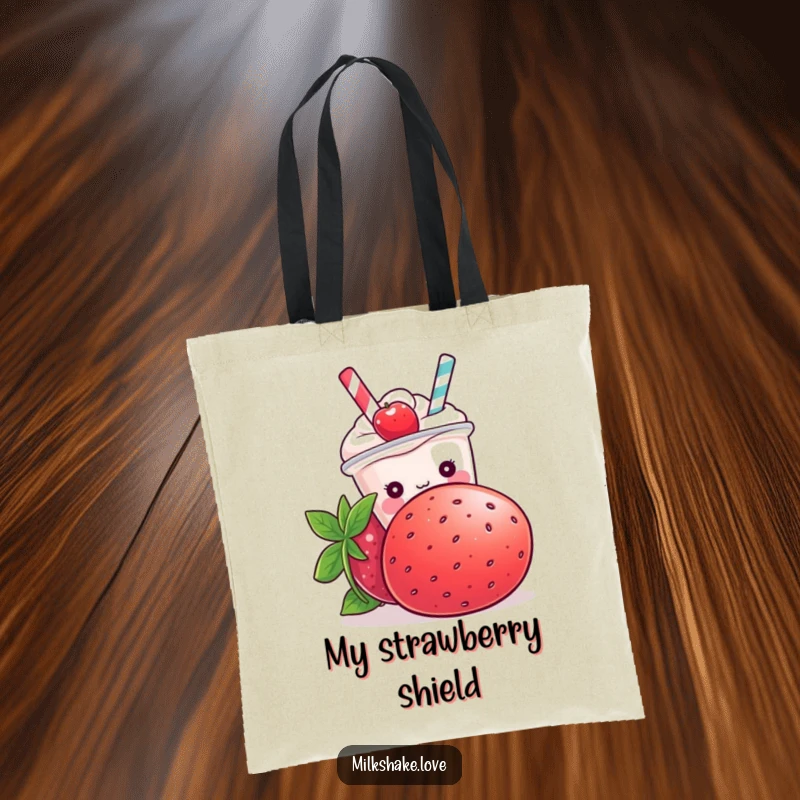 Funny Kawaii milkshake character hiding behind a large strawberry, illustrated on a spacious and stylish tote bag.