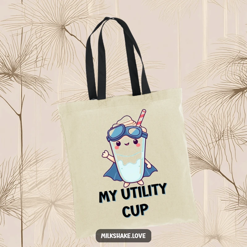 Kawaii milkshake character as a superhero on a tote bag, ready for action and carrying essentials.